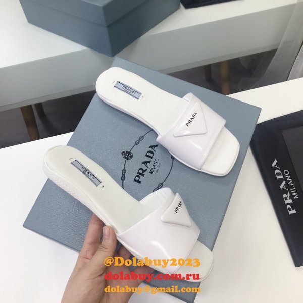 Replica  Prada Leather Logo Flat Slide Sandals