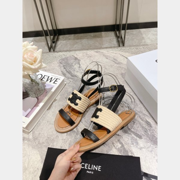 Top Quality Celine LYMPIA FLAT STRAP SANDAL in RAFFIA & CALFSKIN